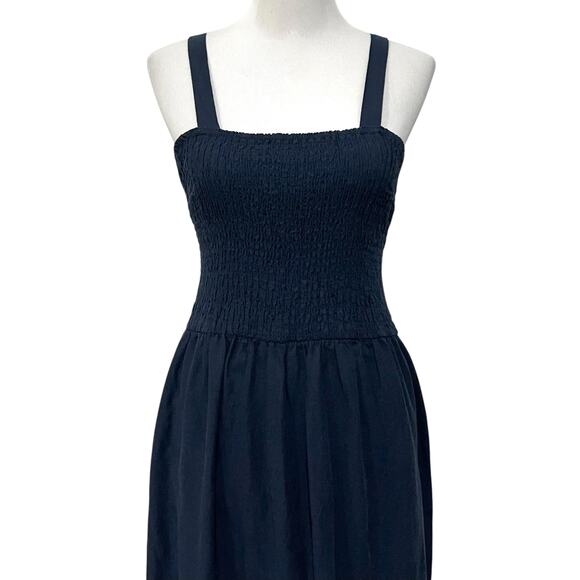 Falls Creek Linen Blend Dress Navy Blue Tiered Smocked Midi Womens Sz Large - Picture 2 of 9